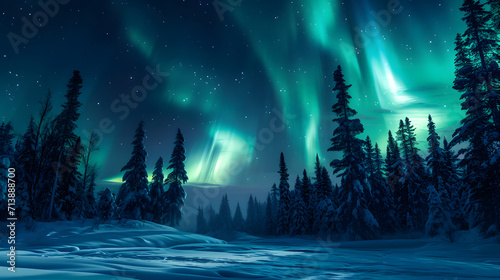 Majestic Aurora Borealis Over Snowy Landscape