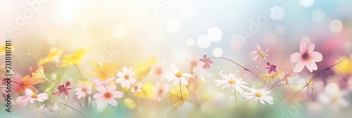 White Chamomiles Flowers Against transparent Meadow Banner Background. Colorful spring banner panoramic white wildflowers at green field, sun rays background bokeh. Pure air spring space for text