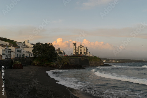 Baroque church by the ocean Igreja de S  o Roque Mother Church in the village of S  o Roque  in Ponta Delgada  in the Southern coast of S  o Miguel Island  Azores.