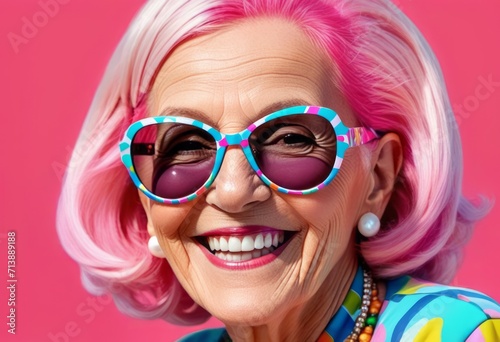 The image features a close-up of a smiling woman with pink hair and bright blue sunglasses. She is wearing a colorful polka dot top and large hoop earrings.