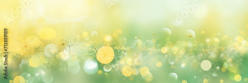 Abstract spring background with light pastel green yellow and gold particle flowers on lawn. Golden light shine sun rays bokeh on wallpaper backdrop. Freshness new life copy space for design