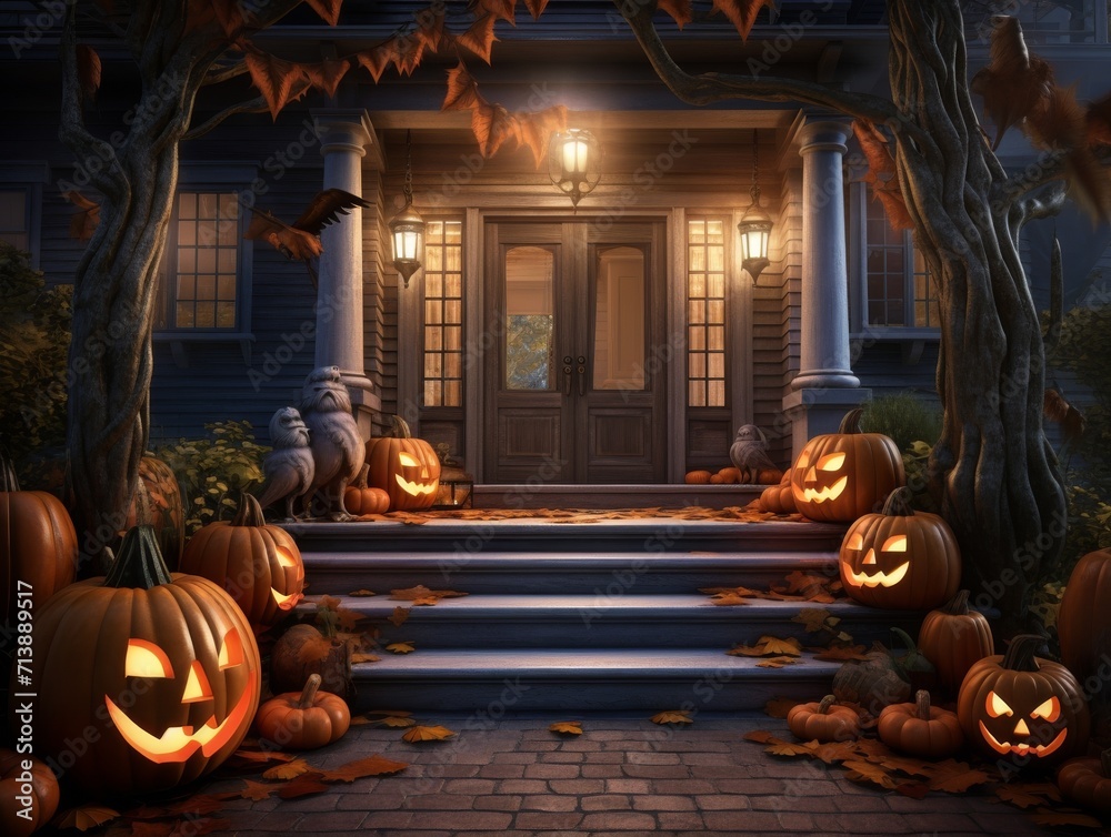 Obraz premium Halloween Trick-or-Treating Porch Pumpkins Jack-O-Lanterns Background Wallpaper Image