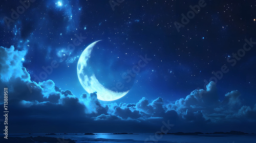 landscape background of ocean at night with a crescent moon night sky
