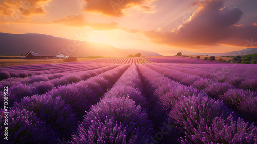 Serene Lavender Field Sunset with Farm in Background