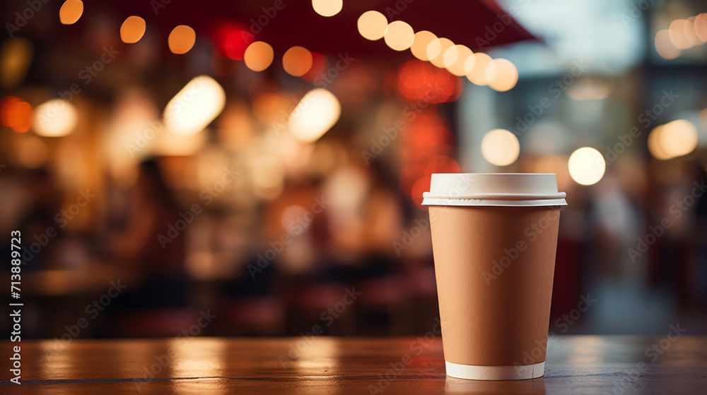 Paper cup of coffee on a wooden table in a coffee shop. Space for text and design. Paper cup of coffee on a wooden table in a coffee shop. Space for text and design.