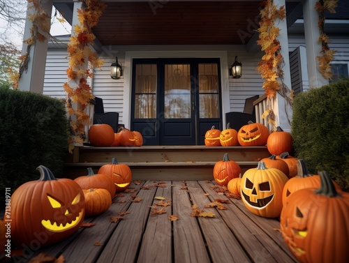 Halloween Trick-or-Treating Porch Pumpkins Jack-O-Lanterns Background Wallpaper Image © DigitalFury