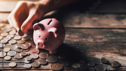 saving money by adding coin in pig shaped bank after retirement and record keeping of income, expenditure, savings and financial concepts. Generative Ai.
