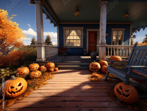 Halloween Trick-or-Treating Porch Pumpkins Jack-O-Lanterns Background Wallpaper Image