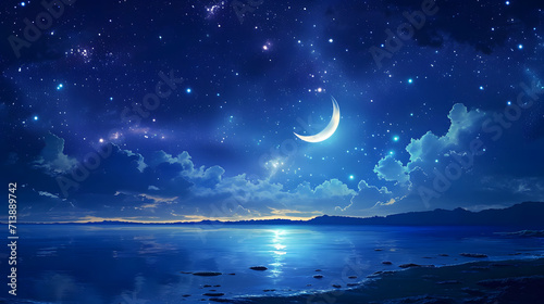 landscape background of mountains over the ocean at night with a crescent moon night sky photo