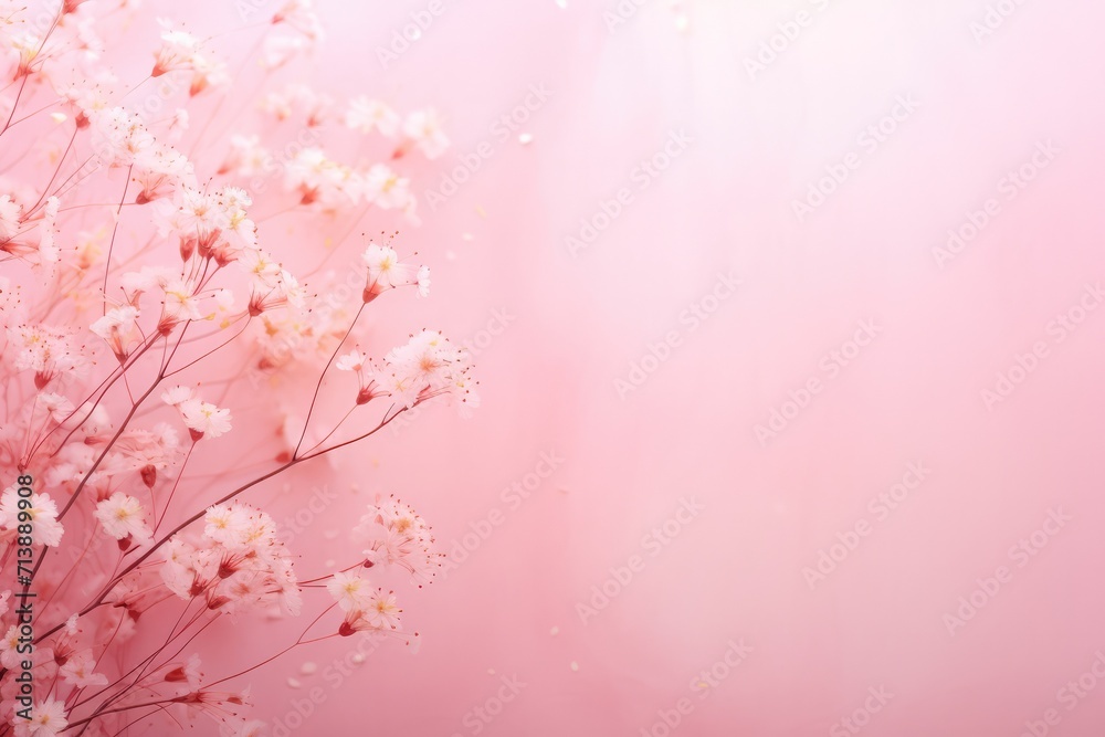 Fototapeta premium Spring flower abstract pastel pink banner with frame of tender pink flower blossom patterns symbolized beauty, femininity mockup, may, colorful mother's day transparent background with copy space