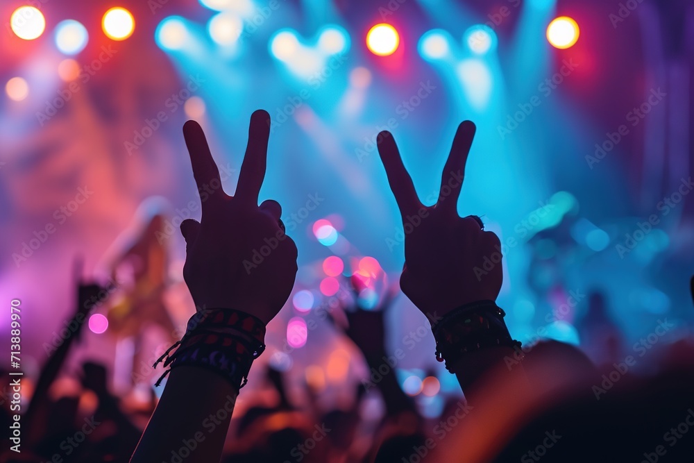 Rock atmosphere. The crowd dances at a rock band concert with their arms raised.