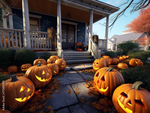 Halloween Trick-or-Treating Porch Pumpkins Jack-O-Lanterns Background Wallpaper Image