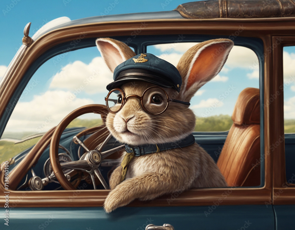 Illustration of a rabbit in a pilot's hat and glasses on a window of a vintage car