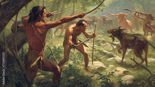 Savage Horizons: Hunter Gatherers,  Immersed in a Prehistoric Hunting Scene (800,000 BC) - The Hunt Begins Amidst the Dawn of Human Civilization photo