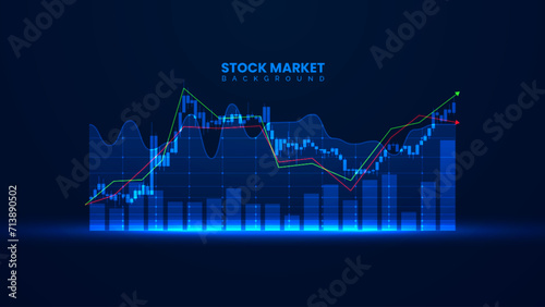 Stock market growth graph in futuristic technology style. Business growth illustration with the bar chart static and up arrow. Successful candlestick trading chart information.
