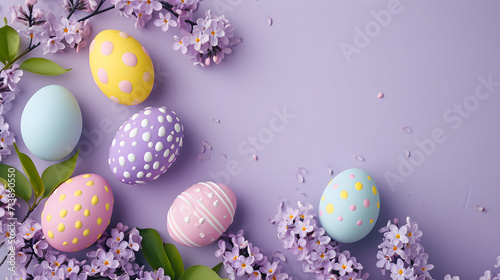 Easter eggs on a lilac background with a blueberry branch