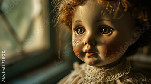 Close-up portrait of a vintage porcelain doll, with a visible crazing texture on its face to give an impression of antiquity and delicate fragility. photo