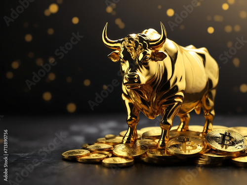 Bull financial bitcoin or crypto market concept in gold and black colour with copy space area design.