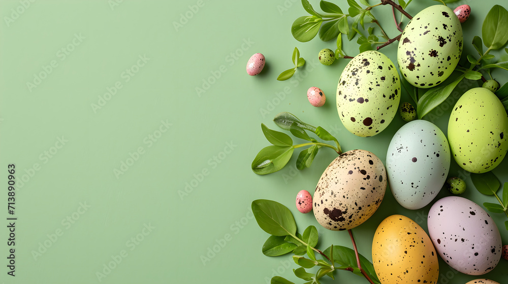 Easter eggs and willow branch on a green background, top view