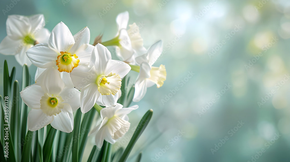 Fototapeta premium Beautiful daffodil flowers on a light blue isolated background