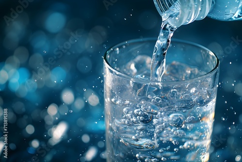 Pouring Fresh Drinking Water into Glass on Blue Background