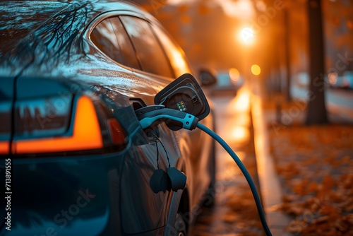Electric Vehicle Charging at Sunset on Urban Street photo