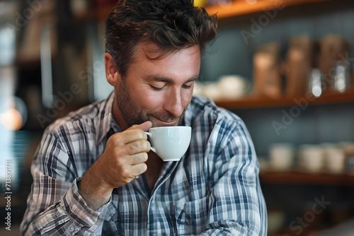 Man Savoring Aroma of Coffee in Morning Light