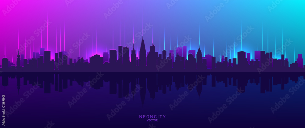 Vector silhouette of a large coastal city. Neon glow and rays. Big town in cyberpunk style. Cityscape. Wide bright banner. Wallpaper or background.