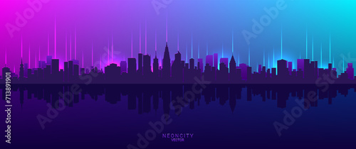 Vector silhouette of a large coastal city. Neon glow and rays. Big town in cyberpunk style. Cityscape. Wide bright banner. Wallpaper or background.