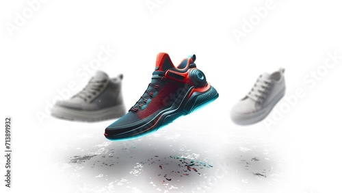 Motion animation of sneakers on white background. Sales show of sports shoes.