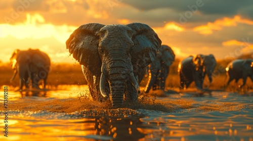 Elephants enjoying a refreshing mud bath in the heart of an African savannah photo