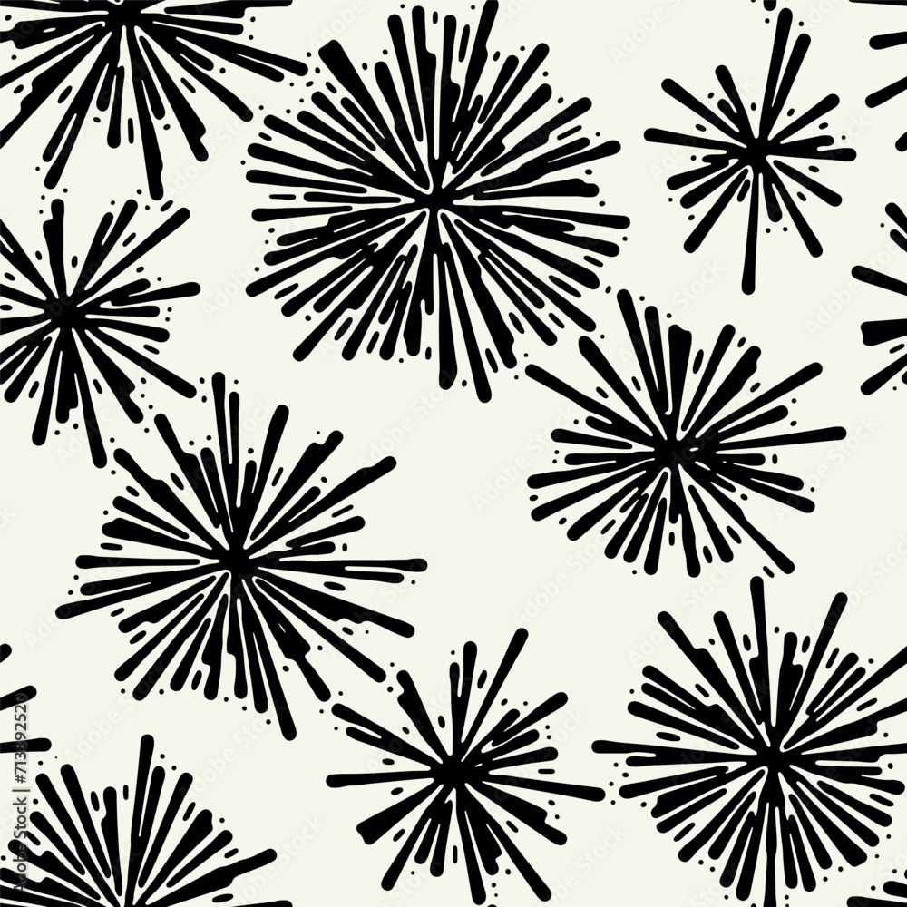 Vector seamless pattern.Monochrome  exploding spots. Modern repeating texture. Fancy starry print. Stylized fireworks for holiday design.