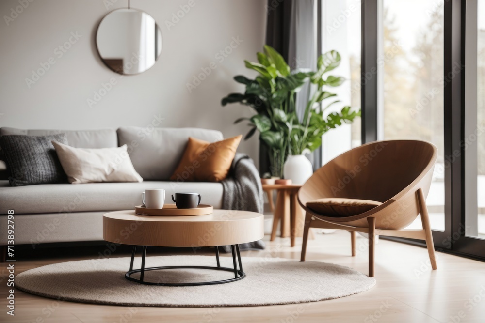 Interior home design of modern living room with chairs and a round wooden table near the window Interior home design of modern living room with chairs and a round wooden table near the window