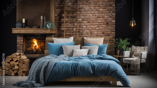 Bed with blue pillow and coverlet near fireplace. Loft interior design of modern bedroom with brick wall. Generative ai