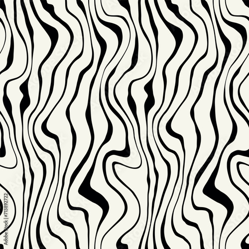 Vector seamless pattern. Abstract op art texture with thin monochrome wavy stripes. Creative background with distorted lines. Decorative black and white striped design.