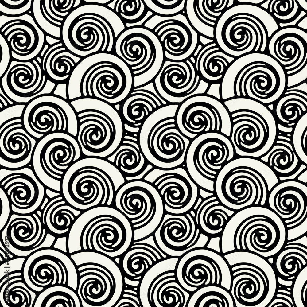 Vector seamless pattern. Hand drawn scrolls. Linear spiral texture. Stylish scrolls background. Modern graphic design.