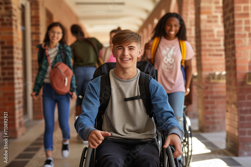 Happy diverse student and boy in wheelchair in school corridor. Education, inclusivity and school