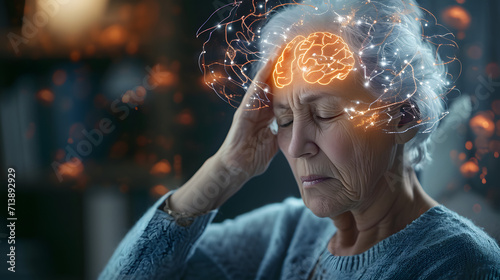 Senior woman with headache at home with highlighted brain, stressed depression migraine concept photo