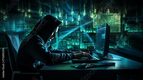 A hacker in a black hood with a laptop and a computer in a dark room. Cybercrime  DDOS attack  money fraud  hacking and malware concepts.
