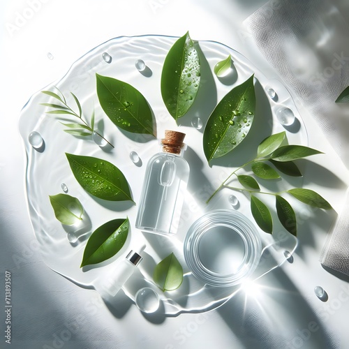 Bottled Botanical Bliss: Lush plant illustration with vibrant leaves, branches, and flowers, embodying the essence of nature, eco-friendly vibes, and fresh summer growth photo