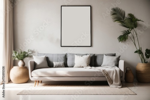 Bohemian interior home design of modern living room with gray sofa chair and empty poster frame mockup on the wall