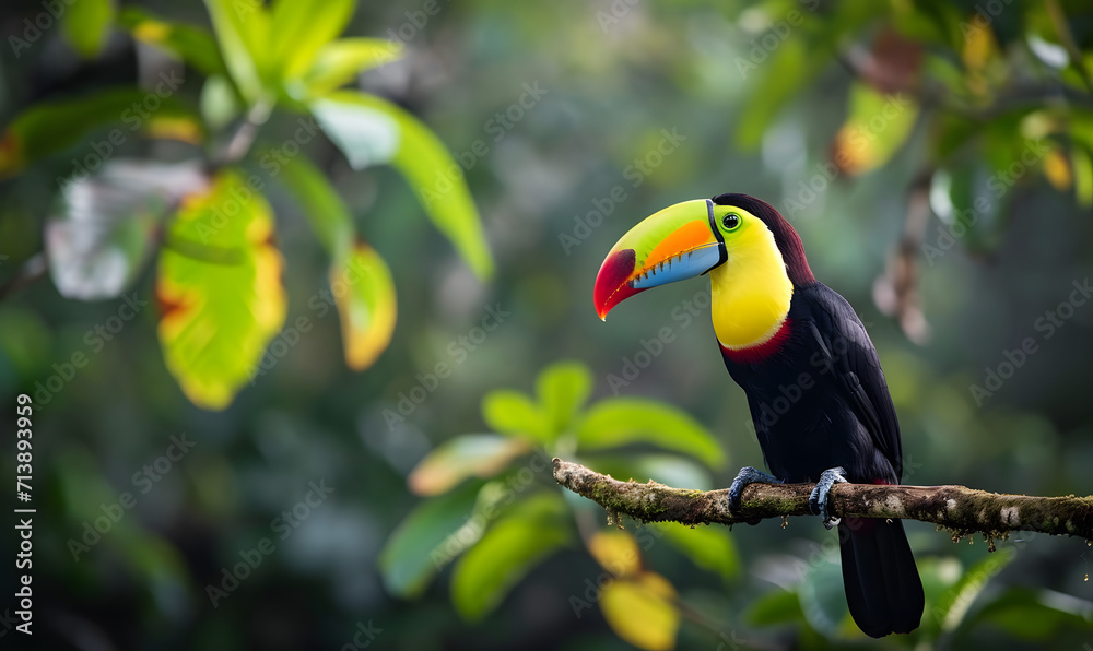 Obraz premium Toucan sitting on the branch in the forest, Generative AI