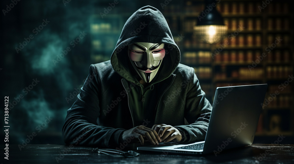 A hacker in a black hood and mask with a laptop in a dark room against the background of a world map. Cybercrime, data breach attacks on corporate servers, money fraud, hacking and malware concepts. A hacker in a black hood and mask with a laptop in a dark room against the background of a world map. Cybercrime, data breach attacks on corporate servers, money fraud, hacking and malware concepts.