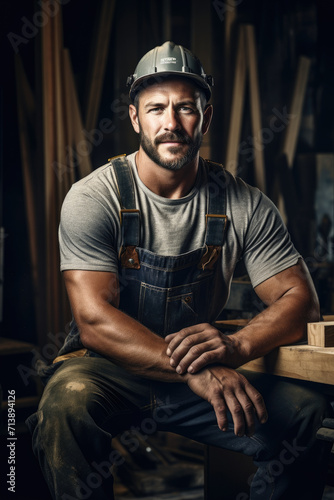 Carpenter shop in background, photo of carpenter male worker
