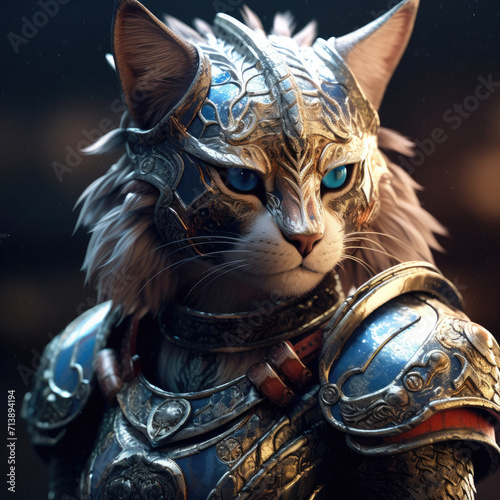 Cat in warrior costume wearing iron armor