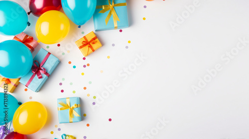 Vibrant Birthday Party Atmosphere with Colorful Balloons, Gifts, and Festive Decor. Flat Lay Composition with Isolated Background, Perfect for Celebratory Occasions and Promotional Content.