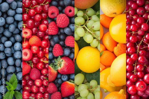 Collection of fruits and vegetables fruit collage background with berries and grapes. Variety of fruit arranged in squares. Assorted berries products collage divided by vertical lines with bright 