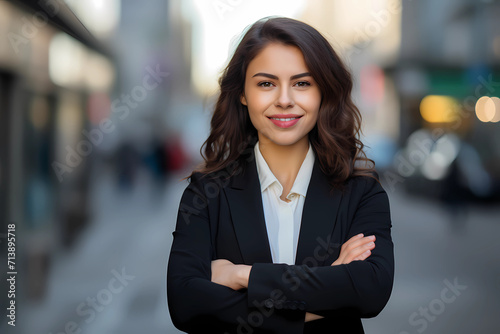 Young happy pretty smiling professional business woman, happy confident positive female entrepreneur standing outdoor on street arms crossed, looking at camera