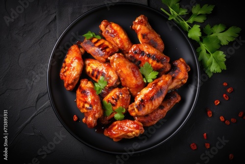 Top view of spicy grilled chicken wings with ketchup on black plate against dark background