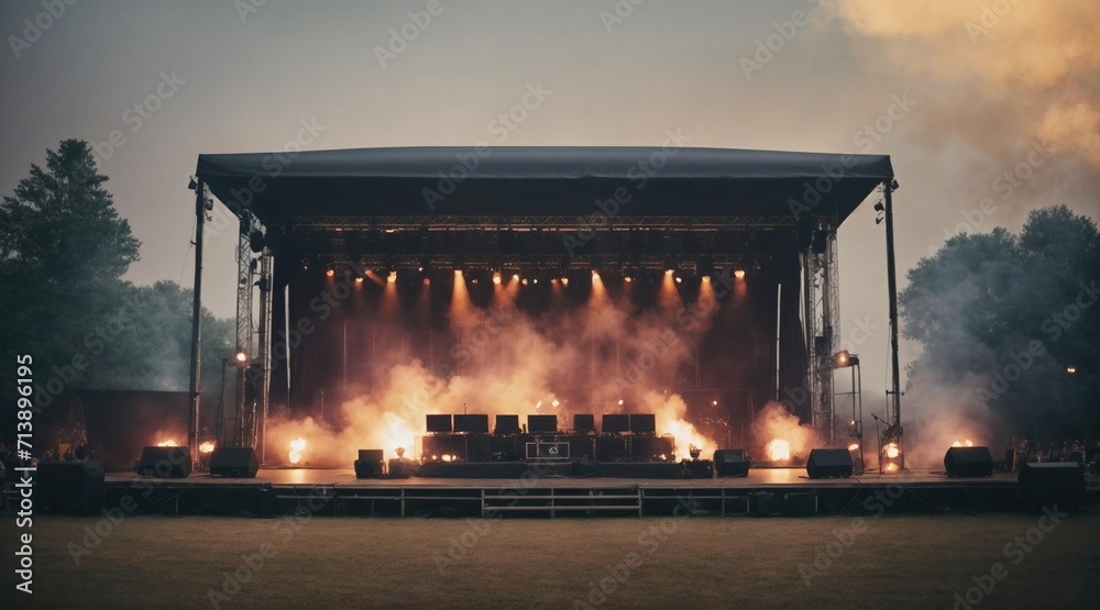 Obraz premium Festival or concert open air stage with smoke and stage lighting. Open air music Festival or concert promotion, advertising or ticket sale picture. Generative AI.